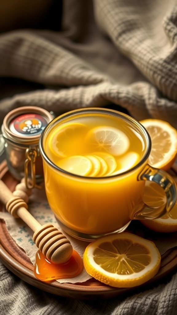 A steaming cup of ginger-lemon tea with ginger slices and lemon, accompanied by a jar of honey.